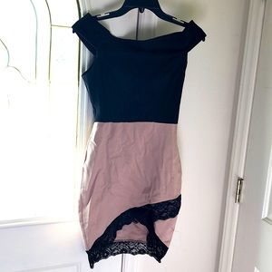 Beige/Black Off-Shoulder Mini Dress With Lace Trim